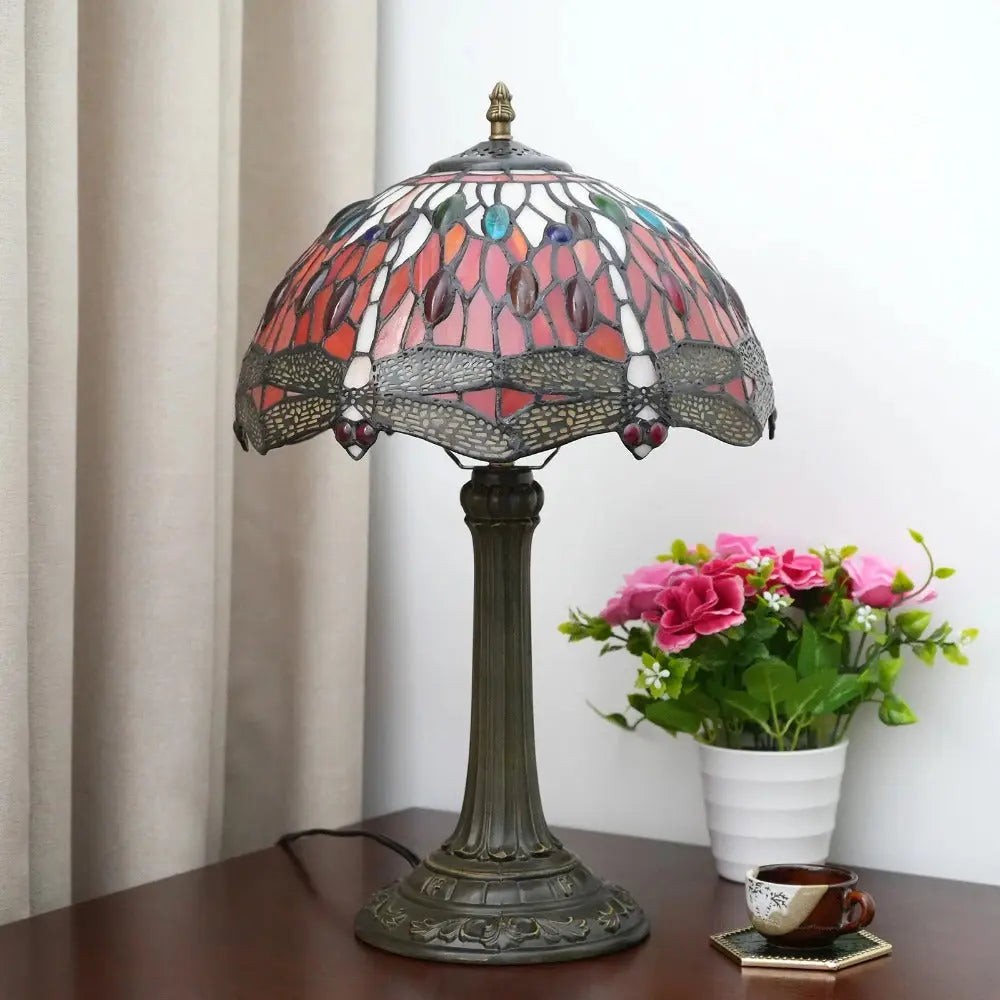 12inch Red Dragonfly Tiffany Lamp Stained Glass Lampshade Vintage Desk Light - CTL