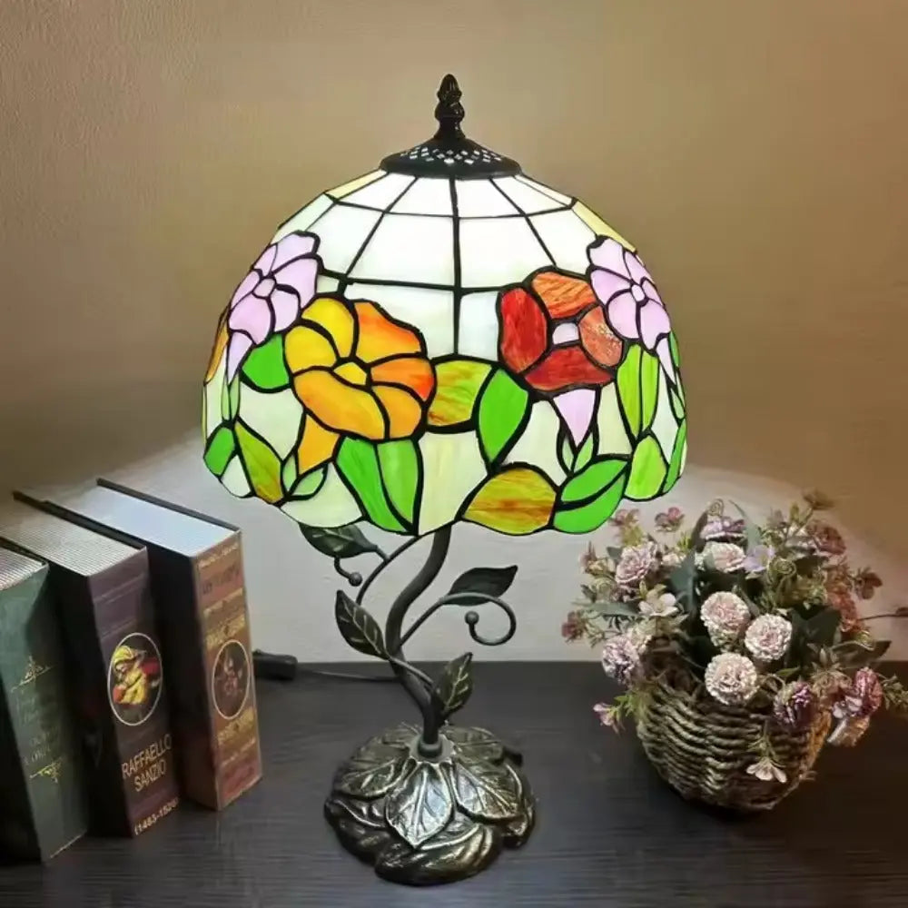 12inch Antique Tiffany Table Lamps Stained Glass Rose Handmade Bedside Light - CTL
