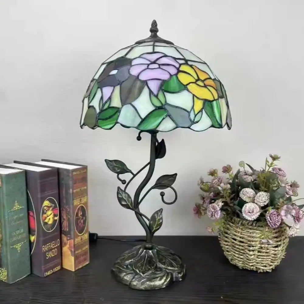 12inch Antique Tiffany Table Lamps Stained Glass Rose Handmade Bedside Light - CTL