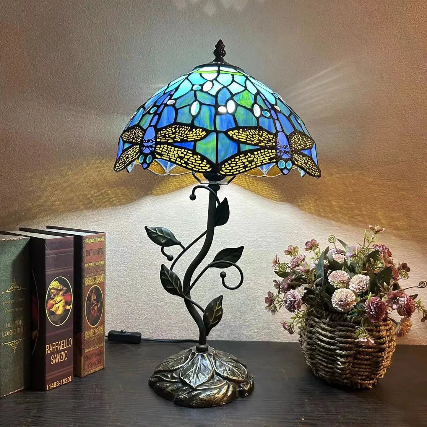 12inch Antique Tiffany Table Lamps Stained Glass Rose Handmade Bedside Light - CTL