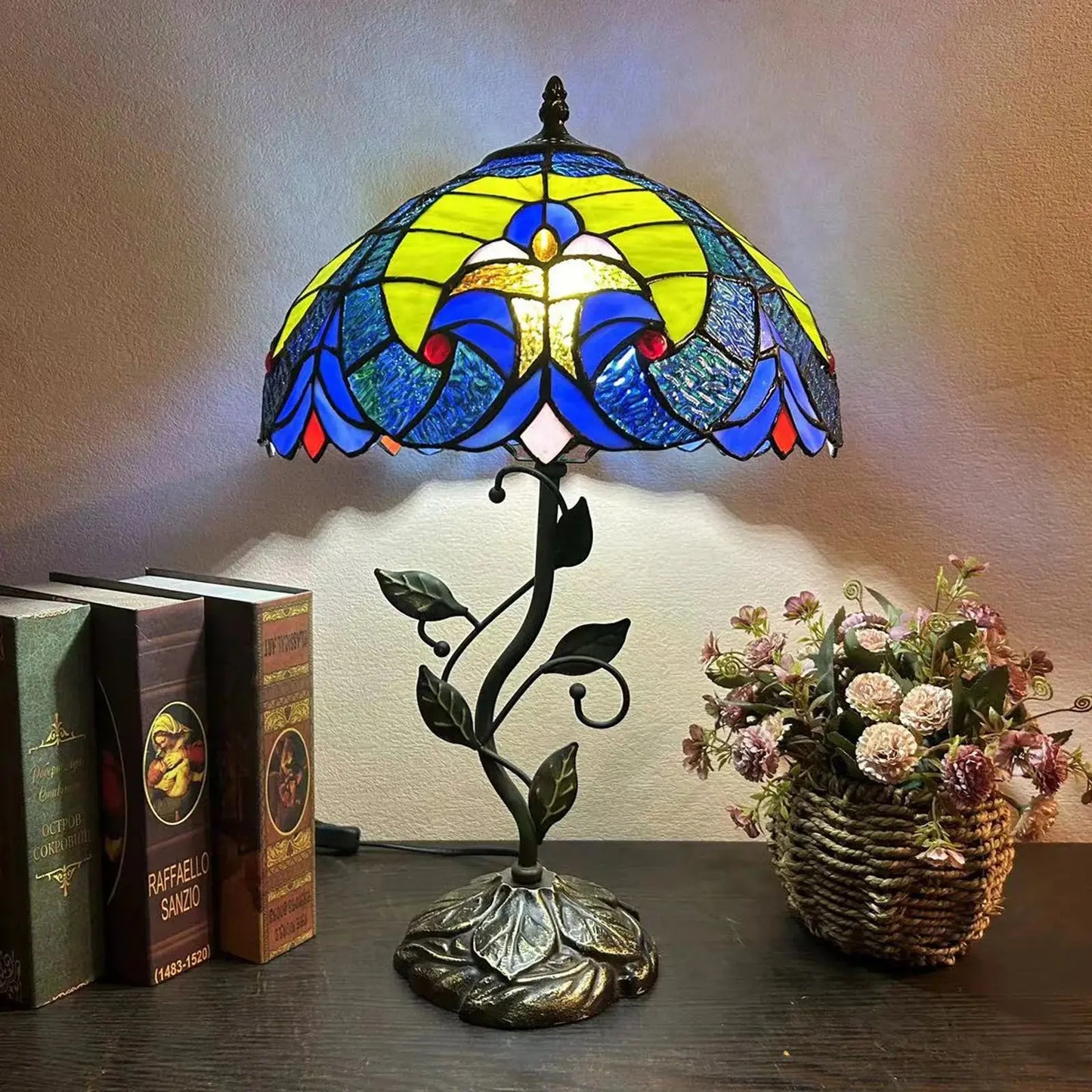 12inch Antique Tiffany Table Lamps Stained Glass Rose Handmade Bedside Light - CTL