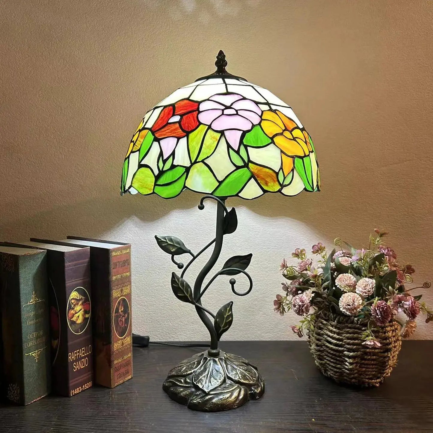 12inch Antique Tiffany Table Lamps Stained Glass Rose Handmade Bedside Light - CTL