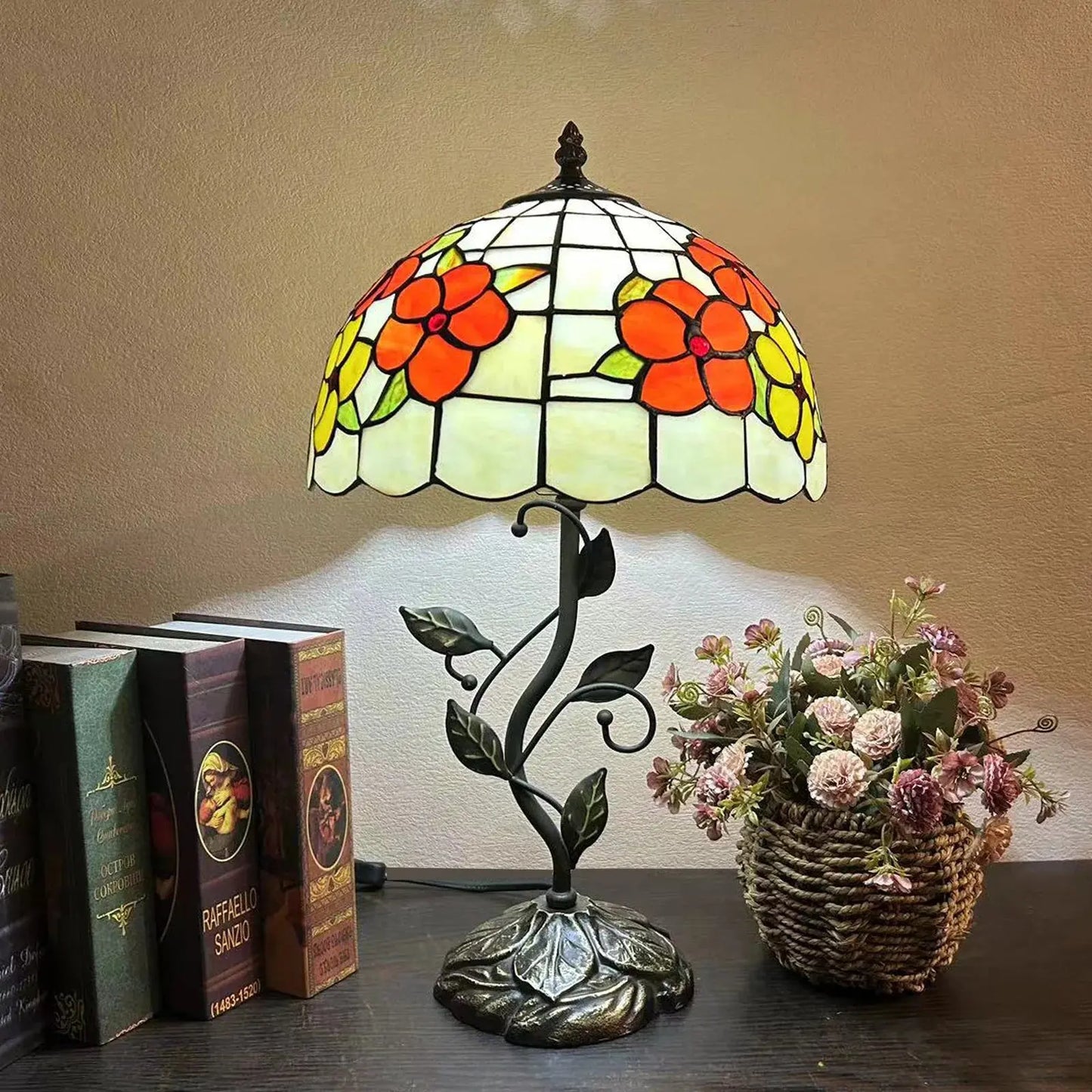 12inch Antique Tiffany Table Lamps Stained Glass Rose Handmade Bedside Light - CTL