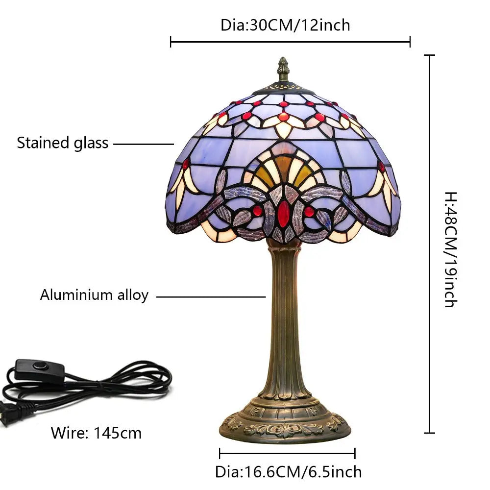 12inch Tiffany Stained Glass Blue Baroque Lampshade Vintage Table Lamp - CTL