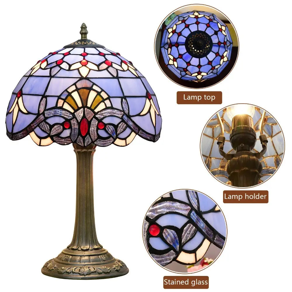 12inch Tiffany Stained Glass Blue Baroque Lampshade Vintage Table Lamp - CTL