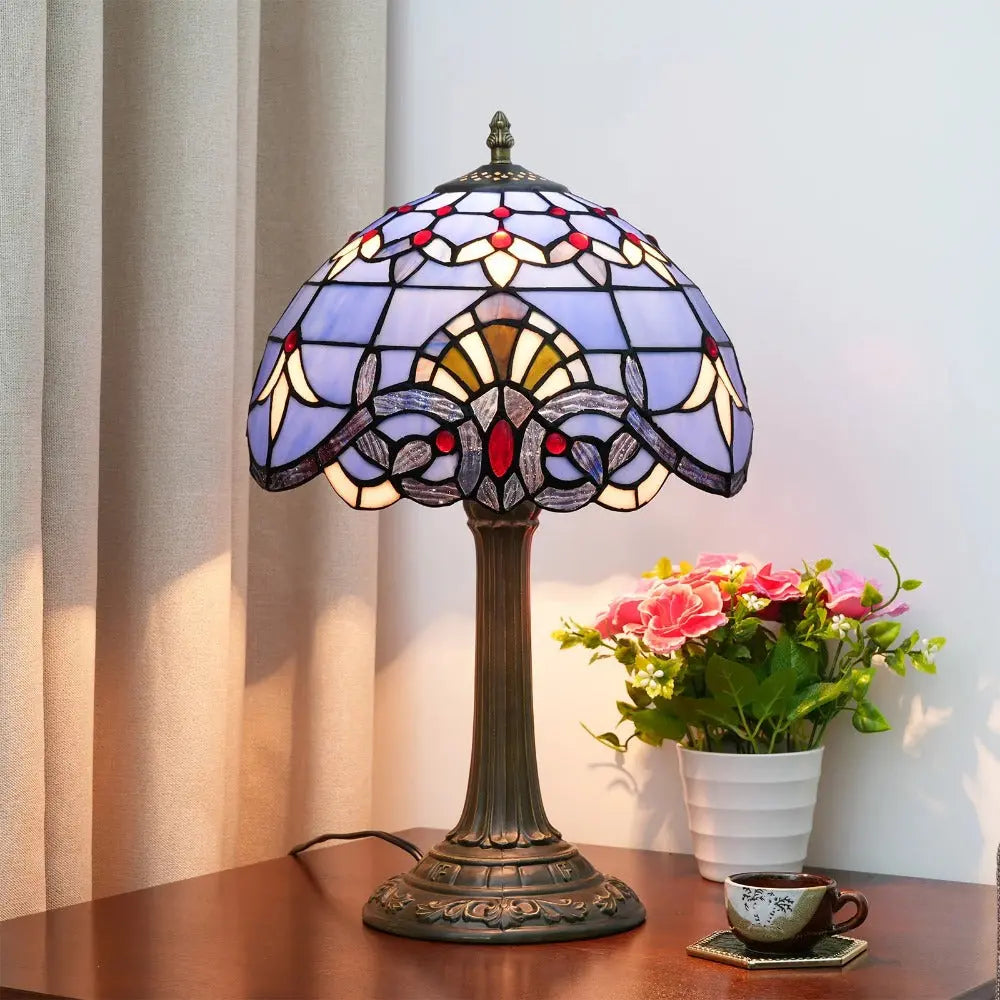 12inch Tiffany Stained Glass Blue Baroque Lampshade Vintage Table Lamp - CTL
