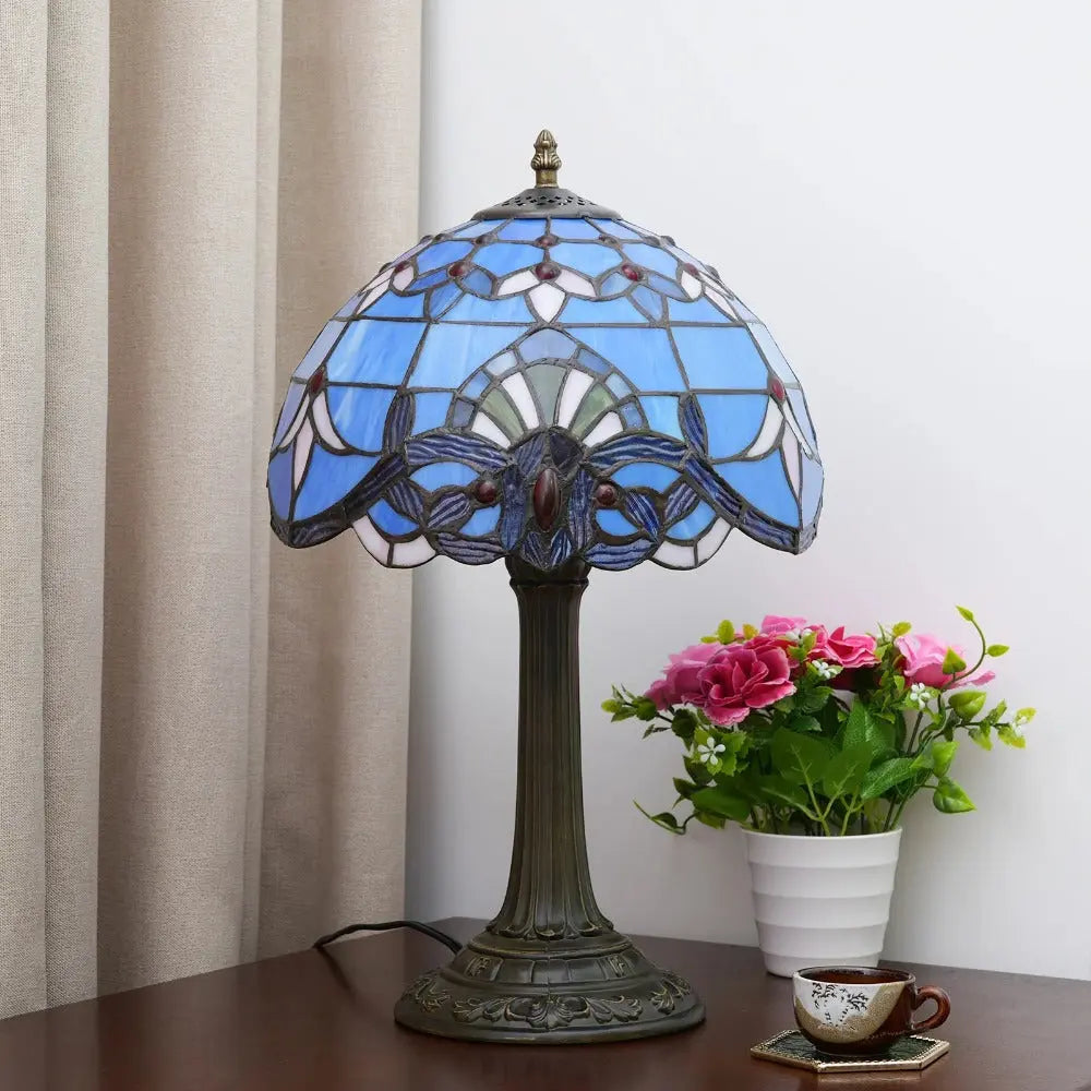 12inch Tiffany Stained Glass Blue Baroque Lampshade Vintage Table Lamp - CTL