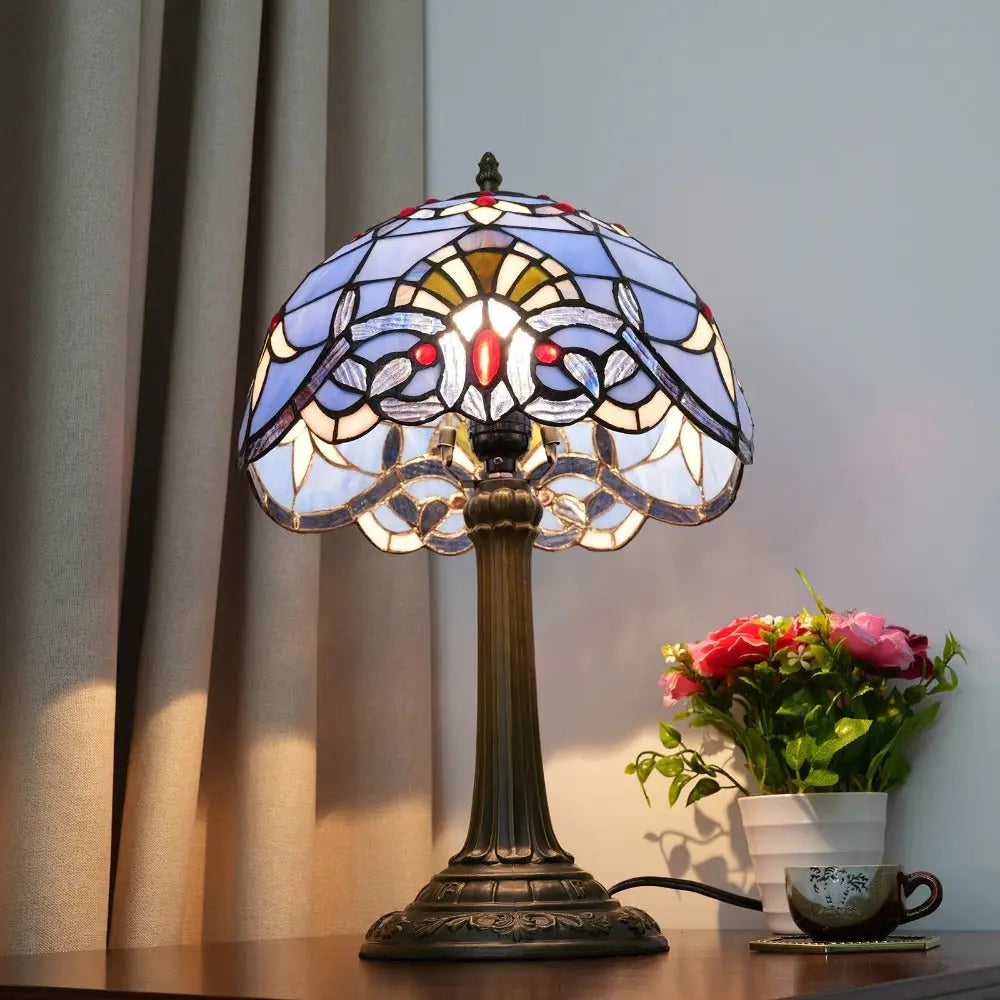 12inch Tiffany Stained Glass Blue Baroque Lampshade Vintage Table Lamp - CTL