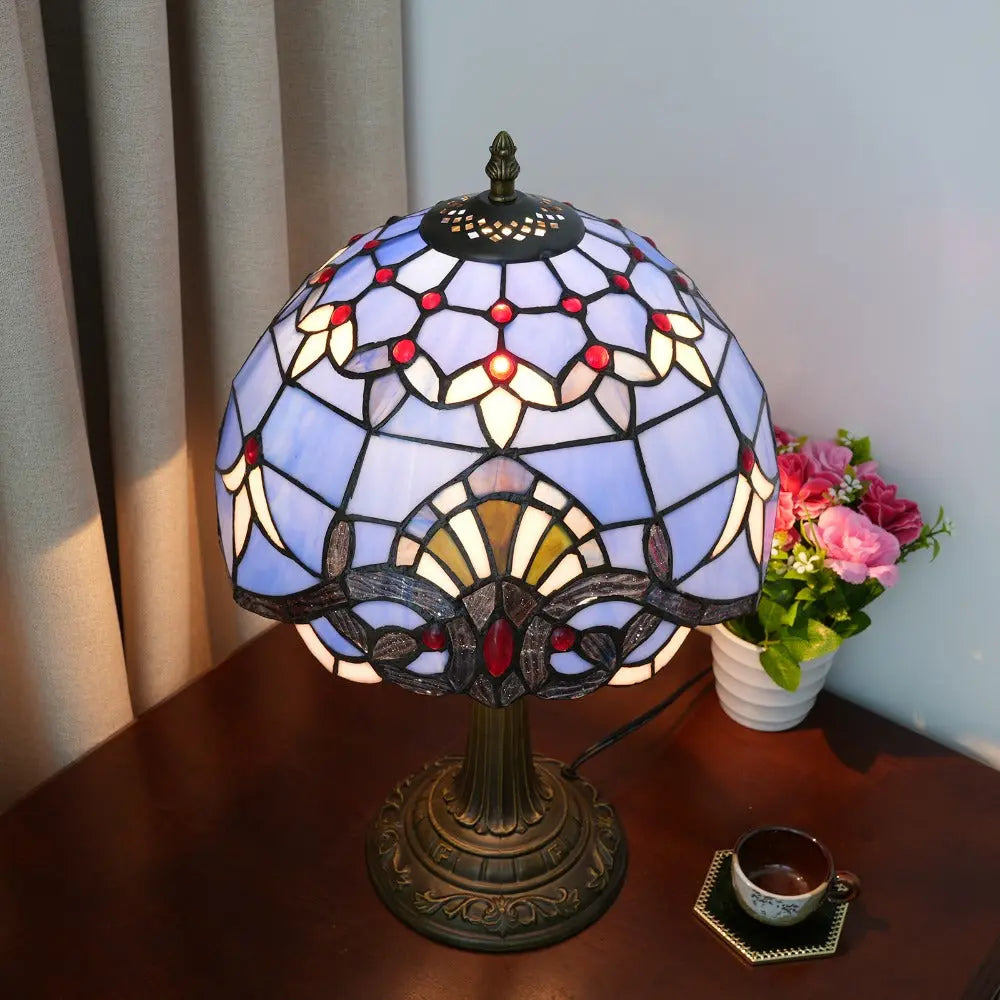 12inch Tiffany Stained Glass Blue Baroque Lampshade Vintage Table Lamp - CTL