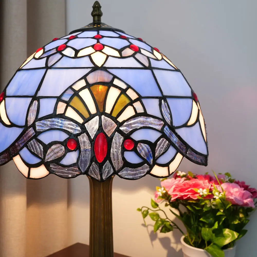 12inch Tiffany Stained Glass Blue Baroque Lampshade Vintage Table Lamp - CTL