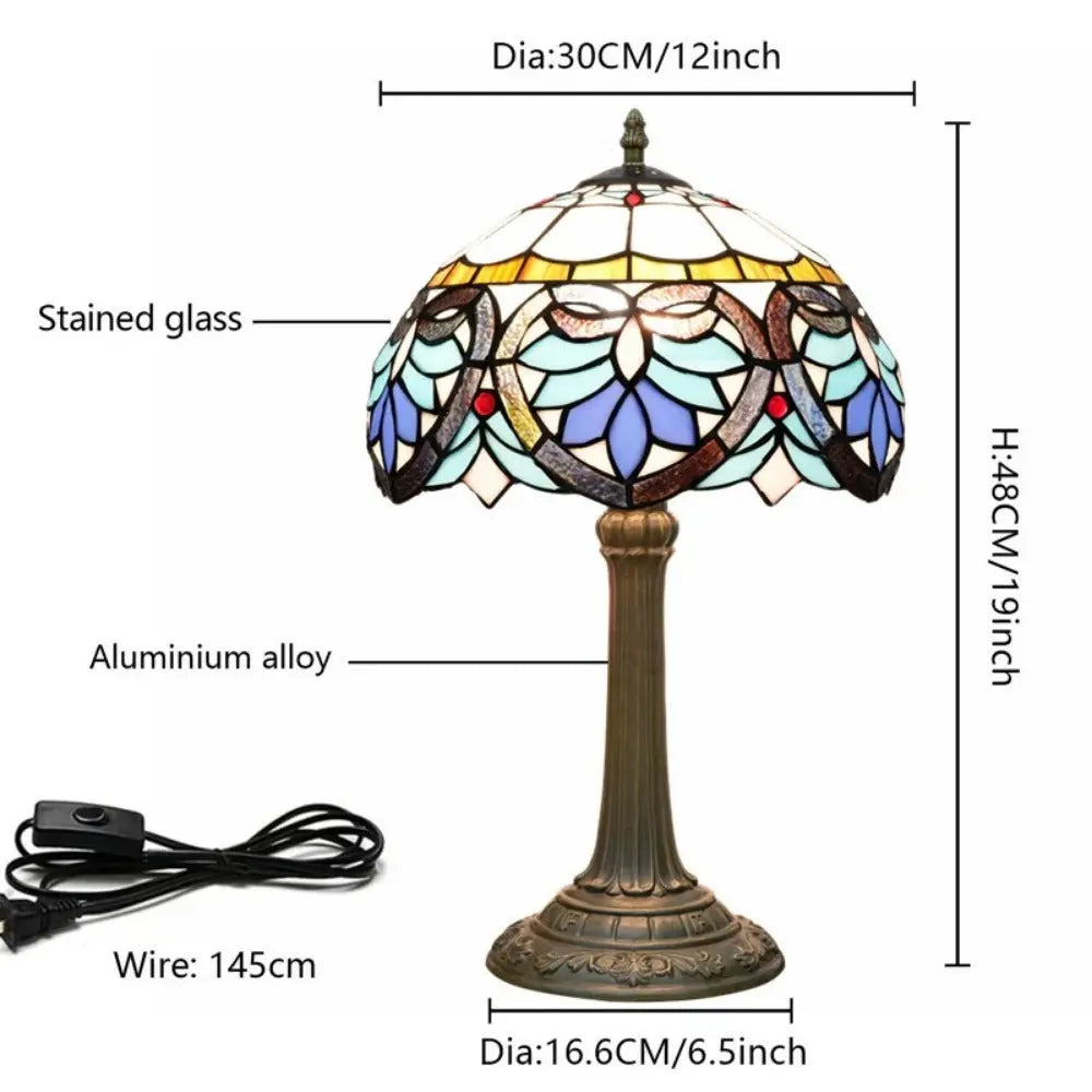 12inch Tiffany Stained Glass Blue Heart Floral Lampshade Office Home Vintage Table Lamp - CTL