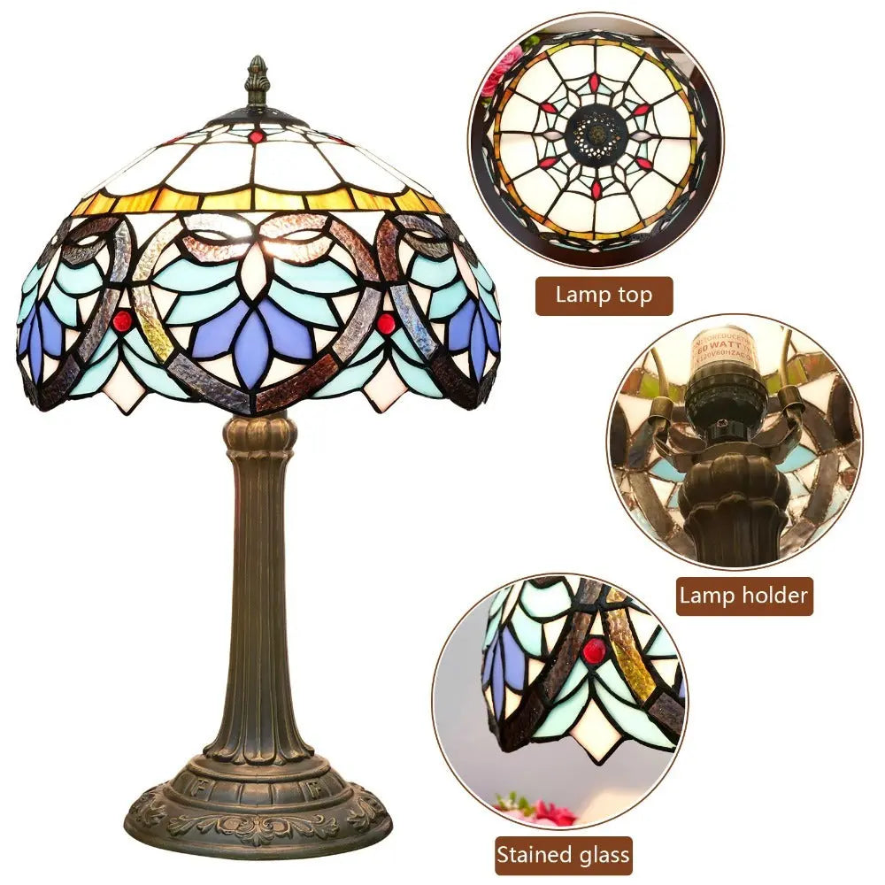 12inch Tiffany Stained Glass Blue Heart Floral Lampshade Office Home Vintage Table Lamp - CTL