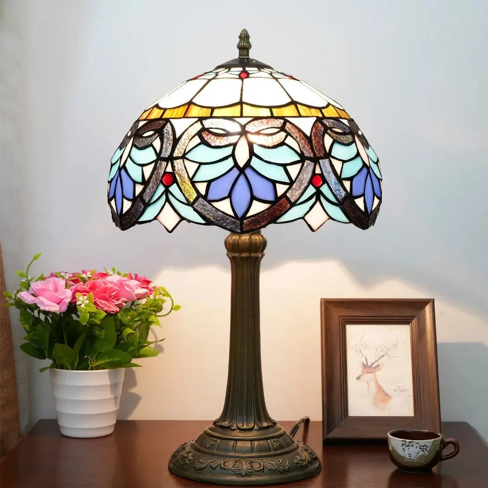 12inch Tiffany Stained Glass Blue Heart Floral Lampshade Office Home Vintage Table Lamp - CTL