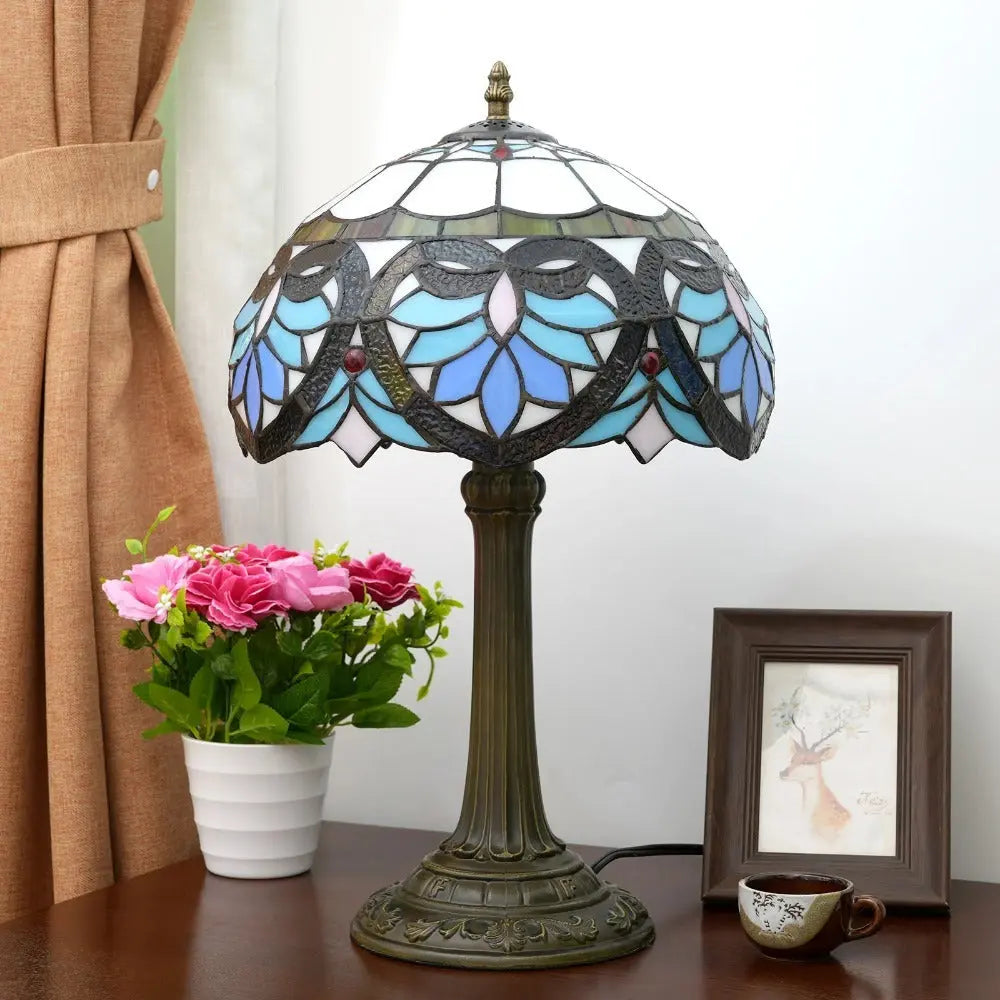 12inch Tiffany Stained Glass Blue Heart Floral Lampshade Office Home Vintage Table Lamp - CTL