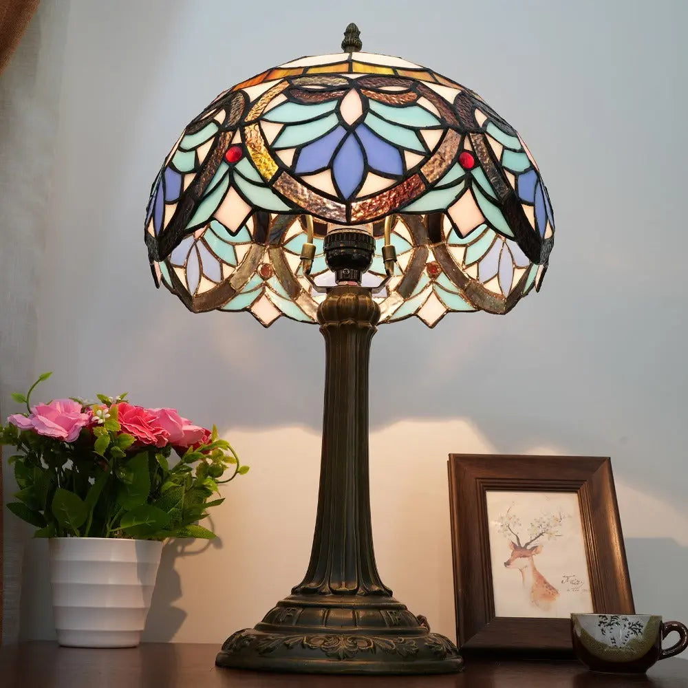 12inch Tiffany Stained Glass Blue Heart Floral Lampshade Office Home Vintage Table Lamp - CTL