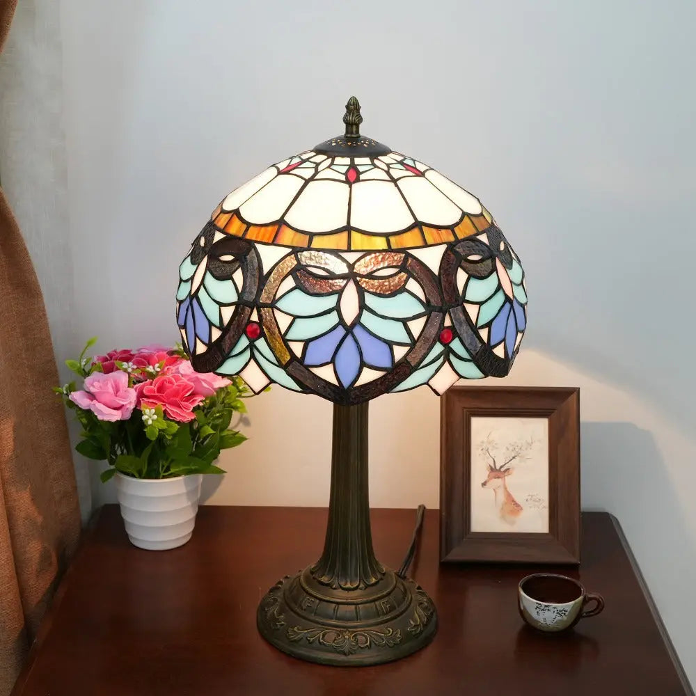 12inch Tiffany Stained Glass Blue Heart Floral Lampshade Office Home Vintage Table Lamp - CTL
