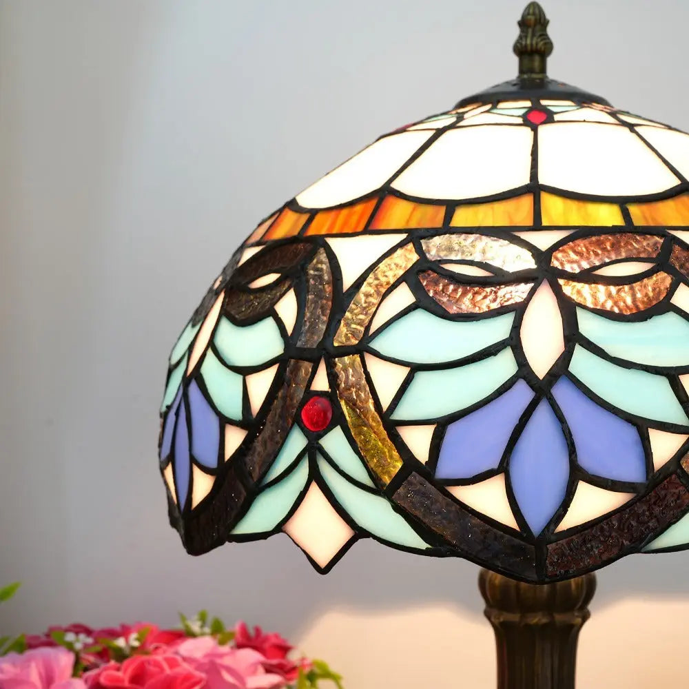 12inch Tiffany Stained Glass Blue Heart Floral Lampshade Office Home Vintage Table Lamp - CTL