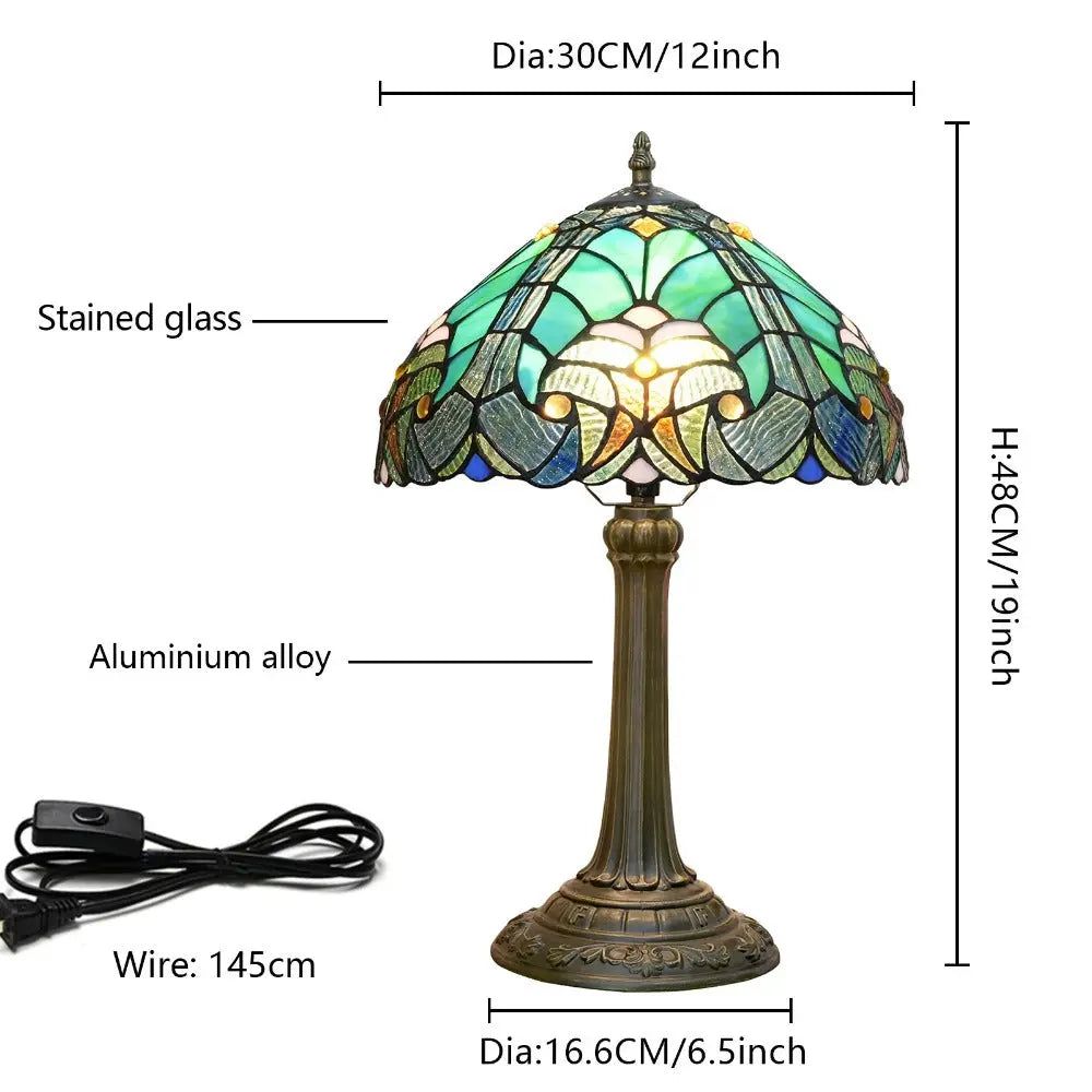12inch Stained Glass Green Lampshade Tiffany Table Lamp Vintage Desk Light - CTL