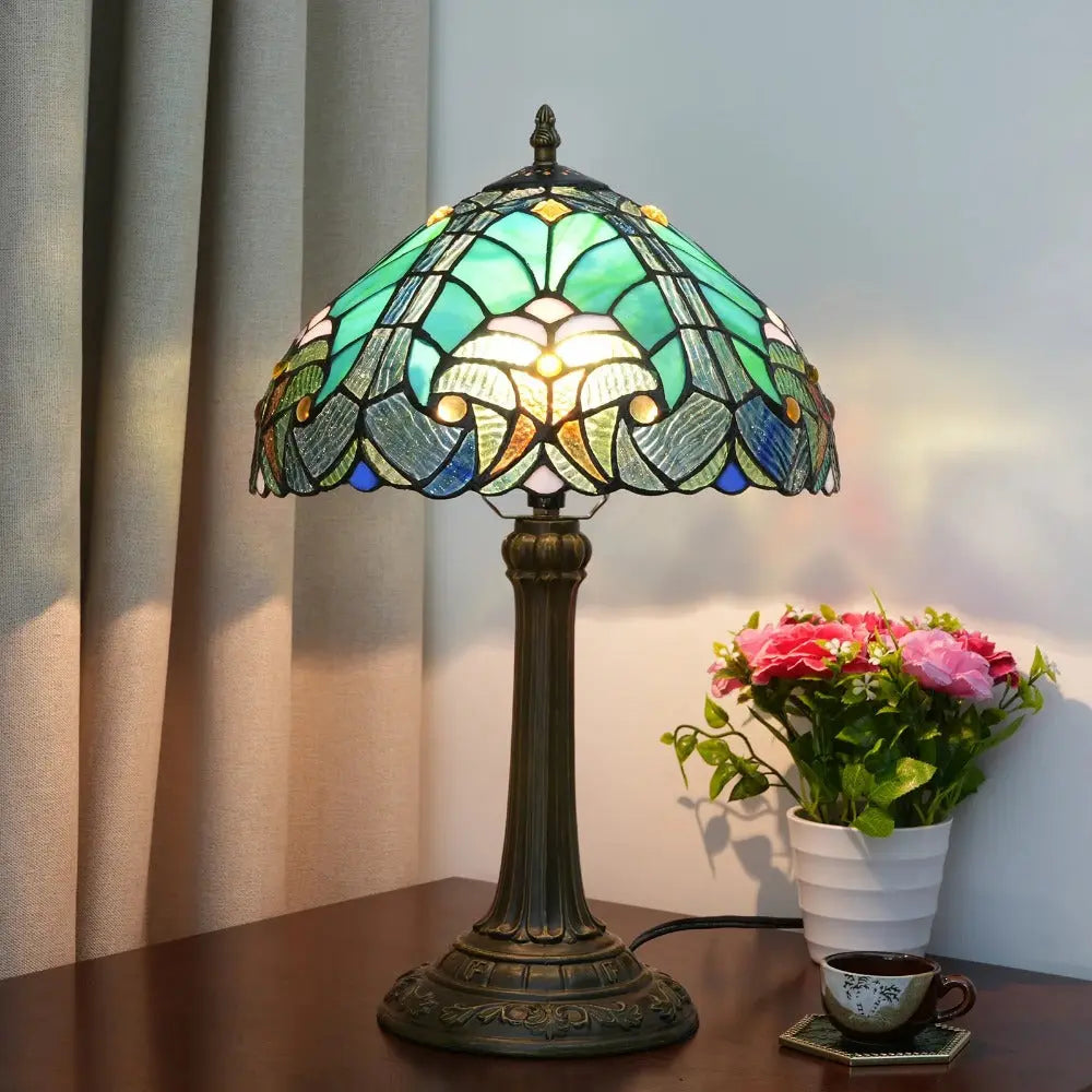 12inch Stained Glass Green Lampshade Tiffany Table Lamp Vintage Desk Light - CTL