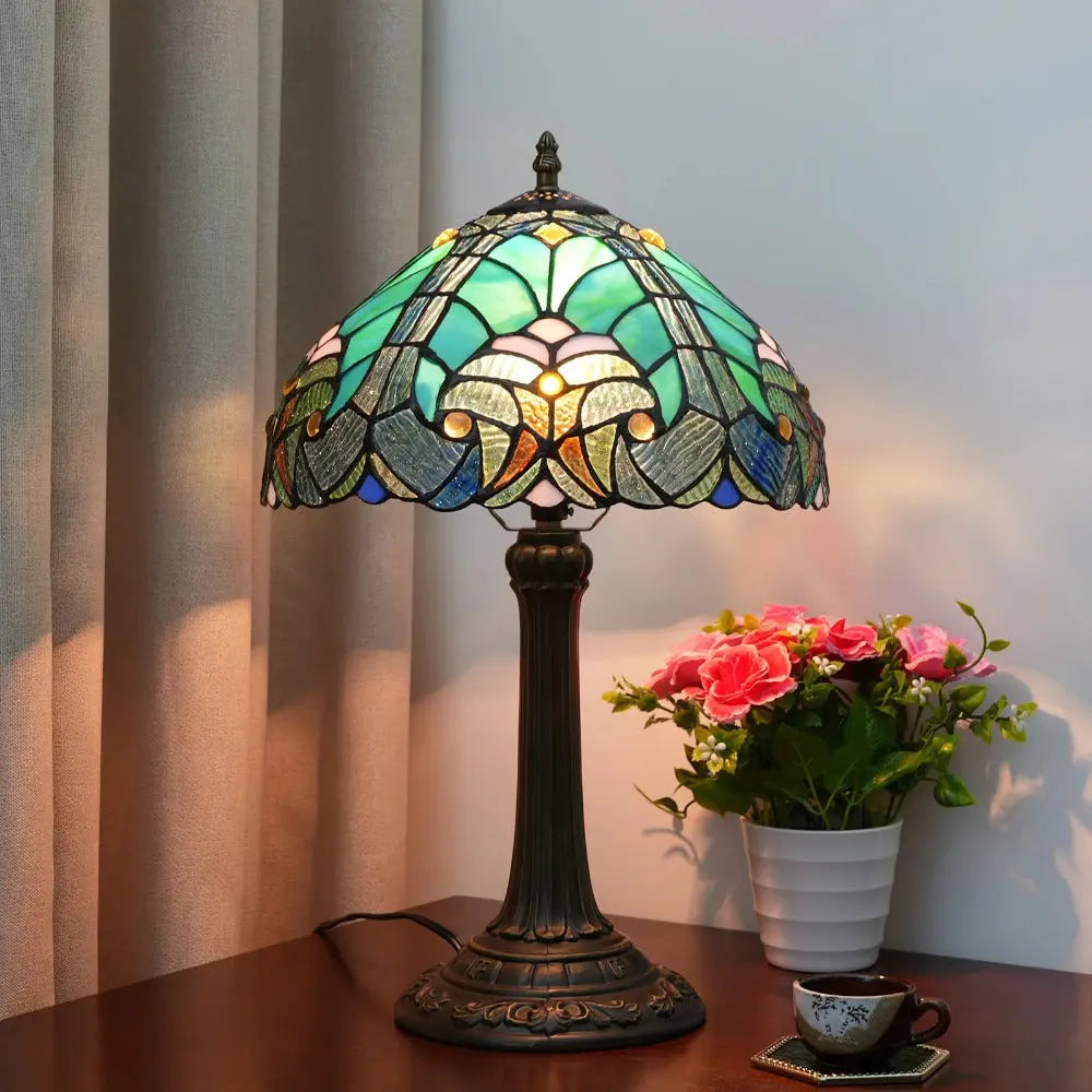 12inch Stained Glass Green Lampshade Tiffany Table Lamp Vintage Desk Light - CTL