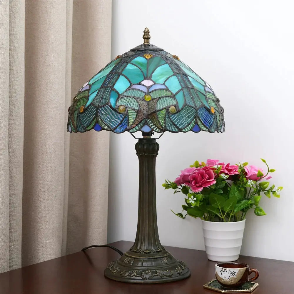 12inch Stained Glass Green Lampshade Tiffany Table Lamp Vintage Desk Light - CTL