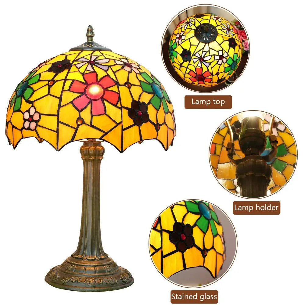 12inch Tiffany Bedside Lights Stained Glass Cherry Blossoms Lampshade Vintage Table Lamp - CTL