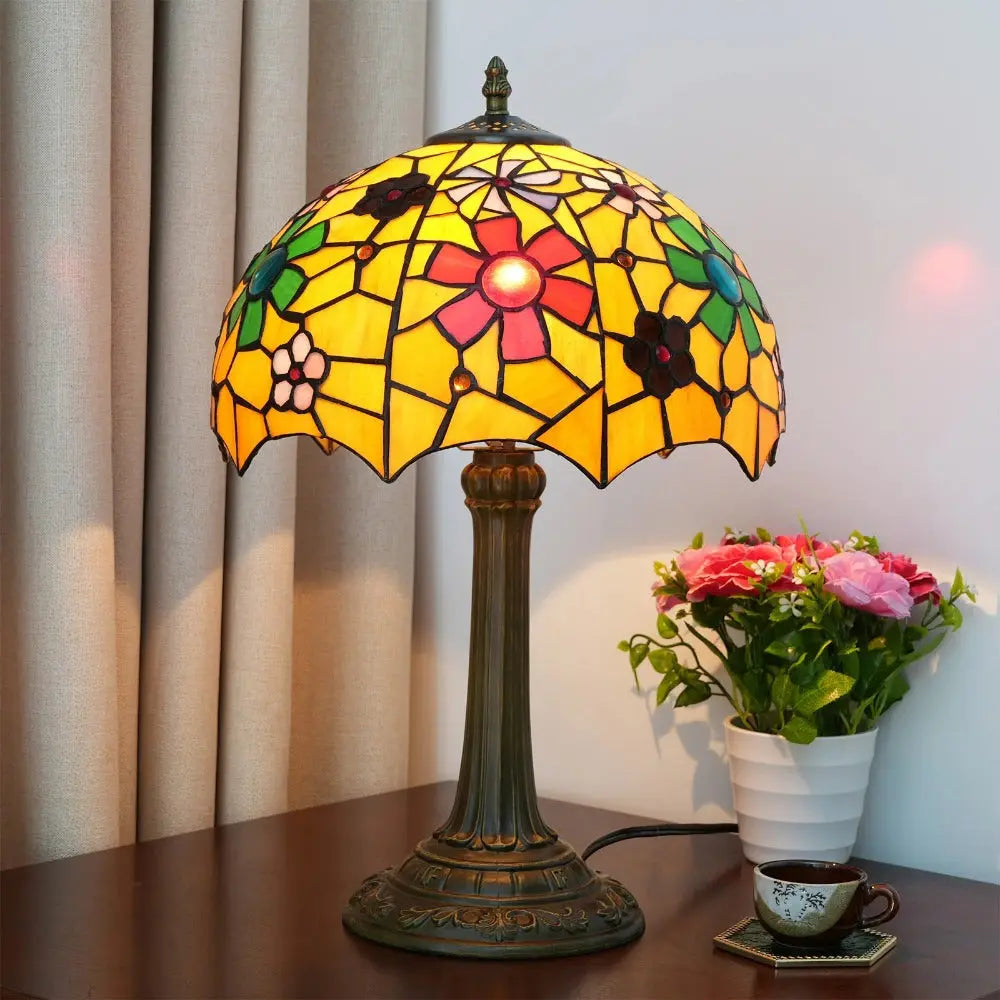 12inch Tiffany Bedside Lights Stained Glass Cherry Blossoms Lampshade Vintage Table Lamp - CTL