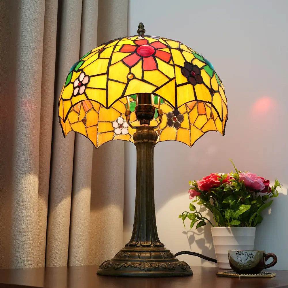 12inch Tiffany Bedside Lights Stained Glass Cherry Blossoms Lampshade Vintage Table Lamp - CTL
