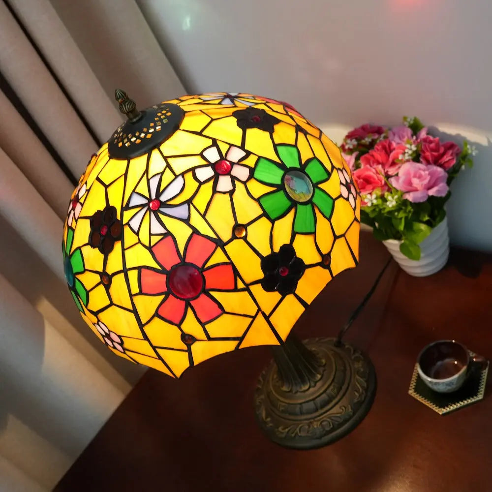 12inch Tiffany Bedside Lights Stained Glass Cherry Blossoms Lampshade Vintage Table Lamp - CTL