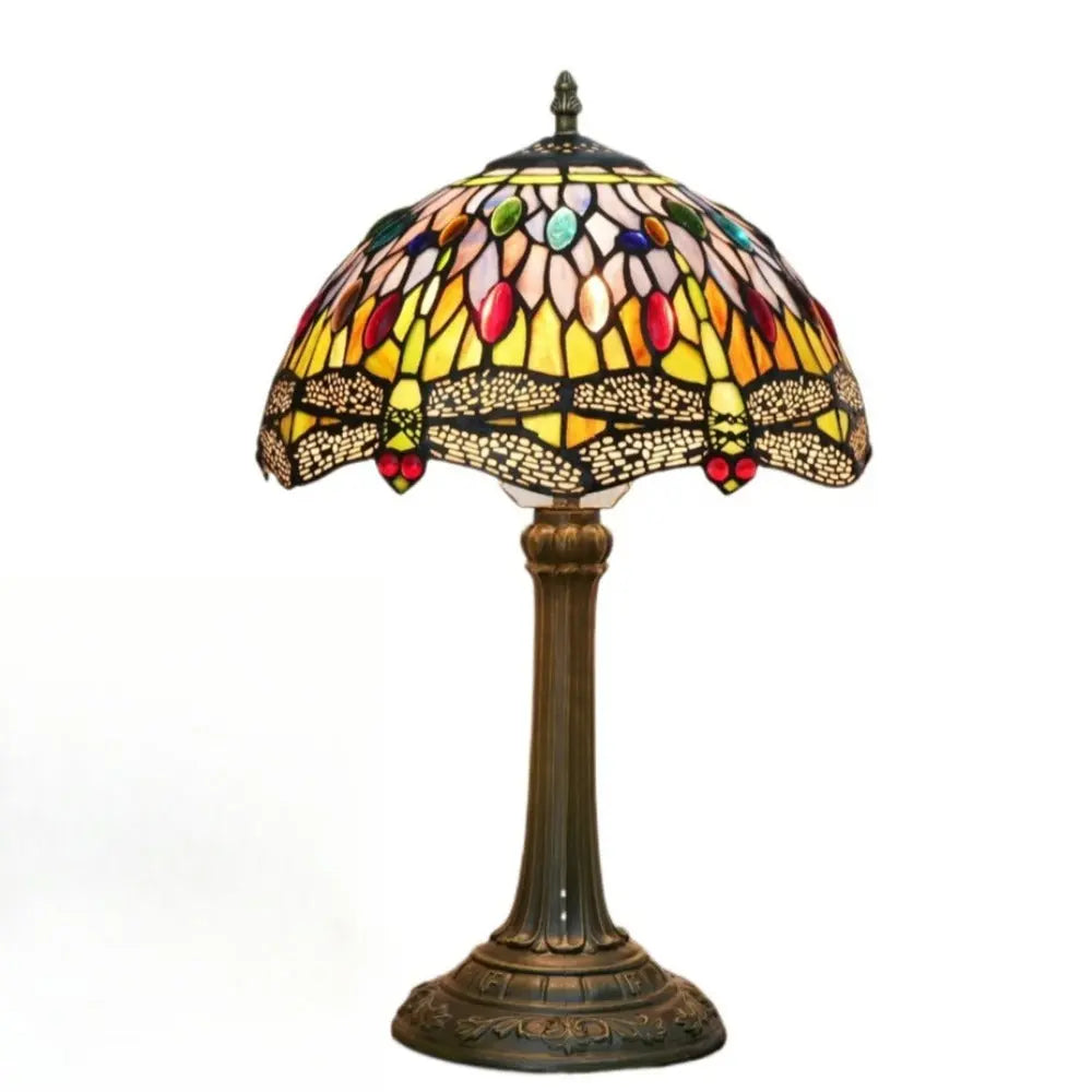 12inch Tiffany Style Dragonfly Table Lamp Stained Glass Lampshade Vintage Desk Lamp - CTL
