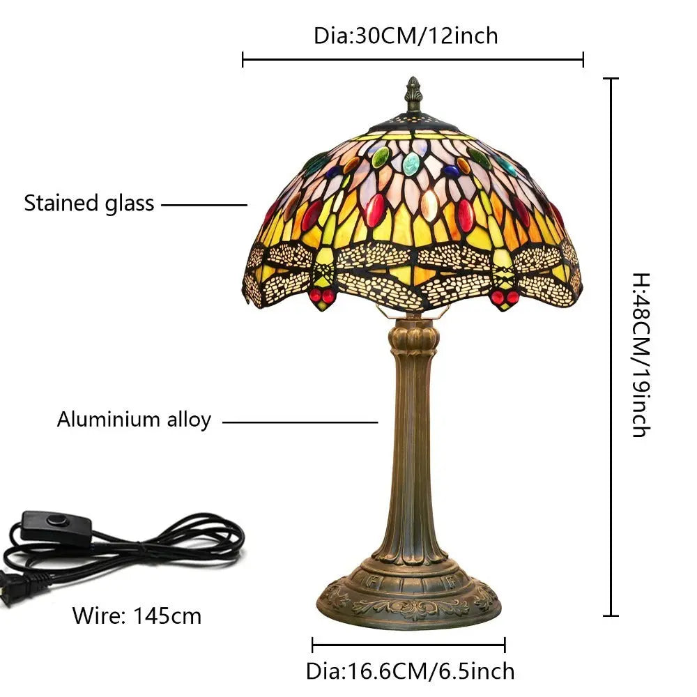 12inch Tiffany Style Dragonfly Table Lamp Stained Glass Lampshade Vintage Desk Lamp - CTL