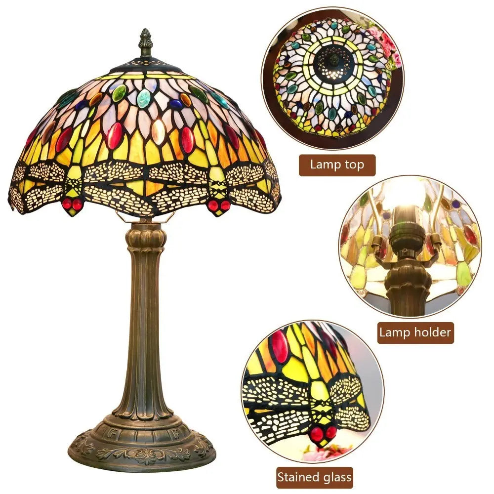 12inch Tiffany Style Dragonfly Table Lamp Stained Glass Lampshade Vintage Desk Lamp - CTL