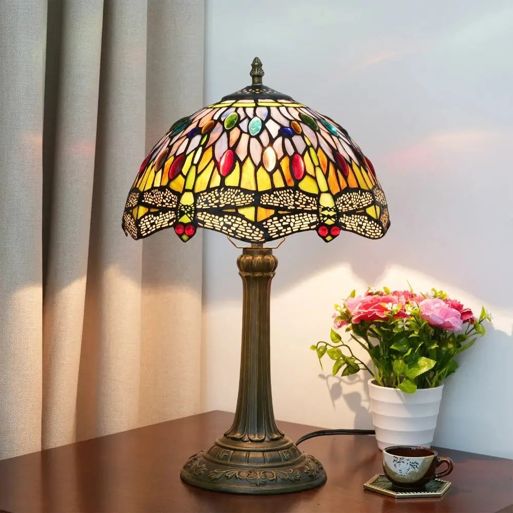 12inch Tiffany Style Dragonfly Table Lamp Stained Glass Lampshade Vintage Desk Lamp - CTL