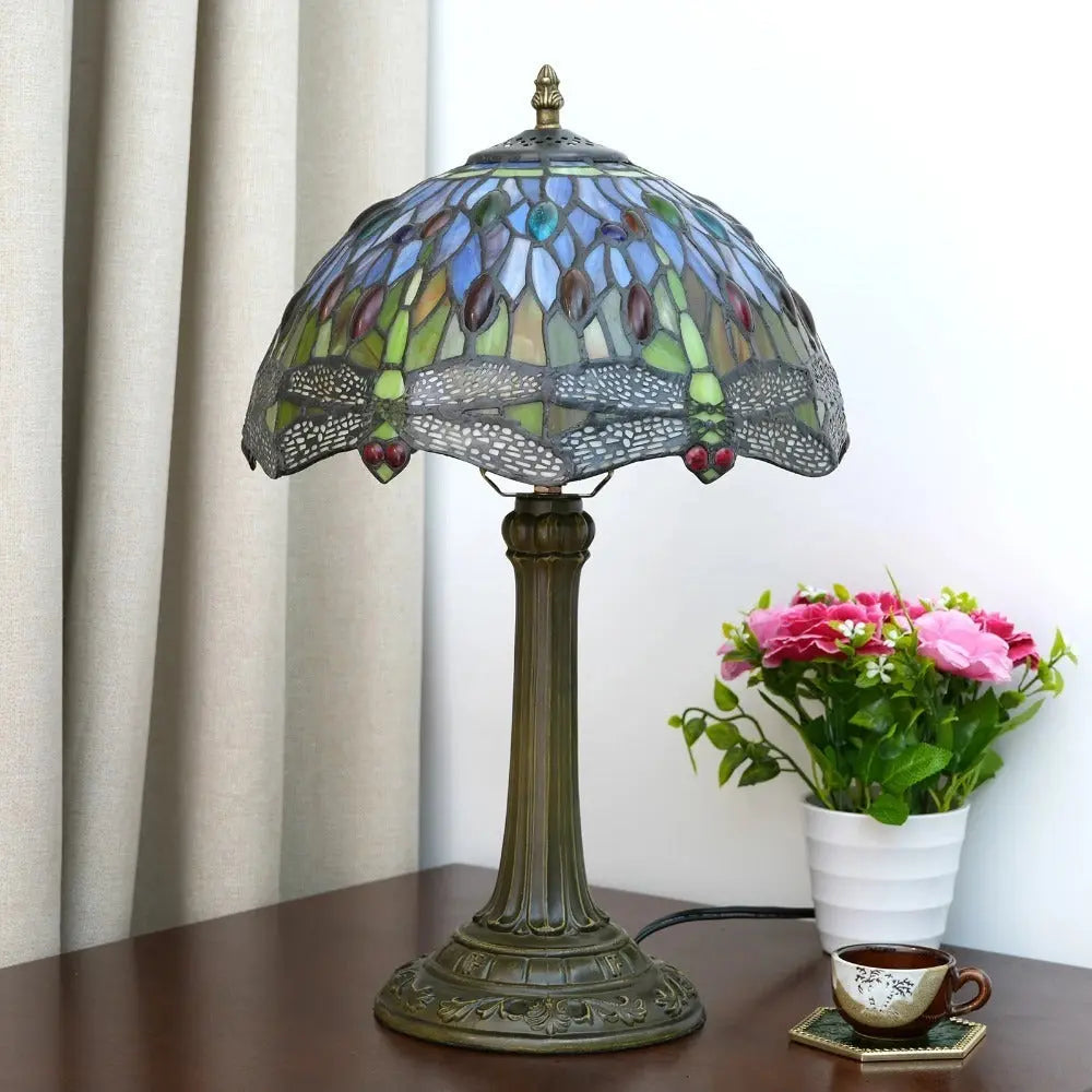 12inch Tiffany Style Dragonfly Table Lamp Stained Glass Lampshade Vintage Desk Lamp - CTL
