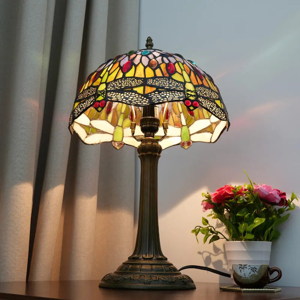 12inch Tiffany Style Dragonfly Table Lamp Stained Glass Lampshade Vintage Desk Lamp - CTL
