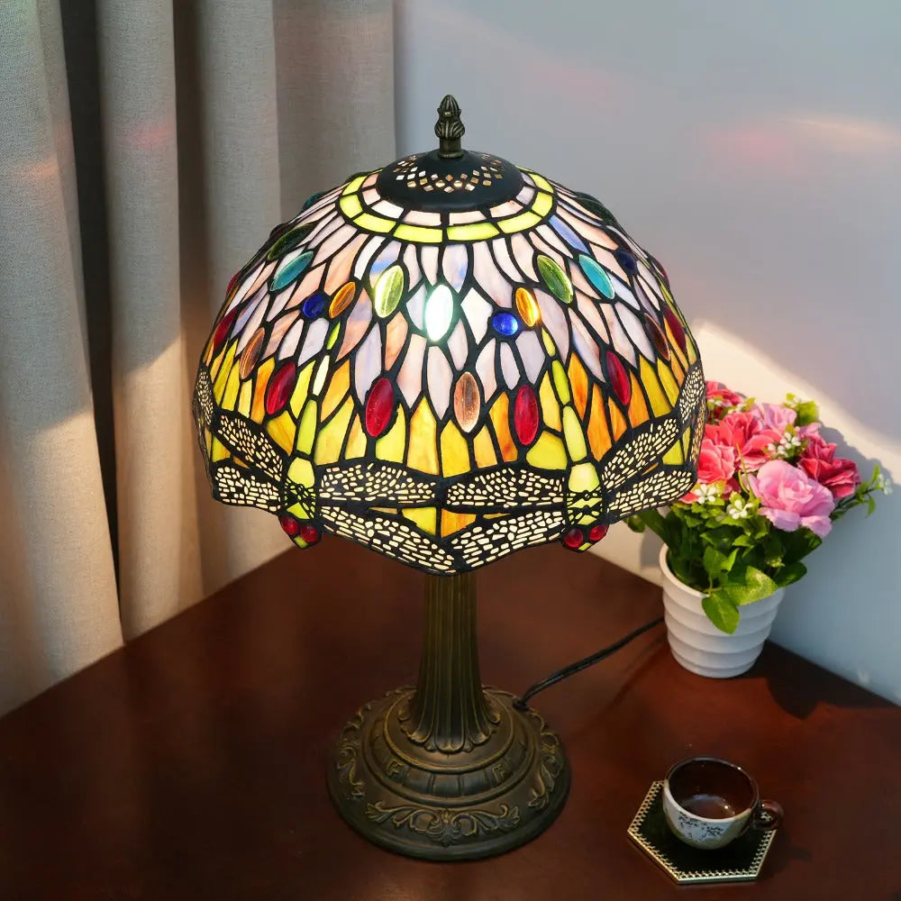 12inch Tiffany Style Dragonfly Table Lamp Stained Glass Lampshade Vintage Desk Lamp - CTL