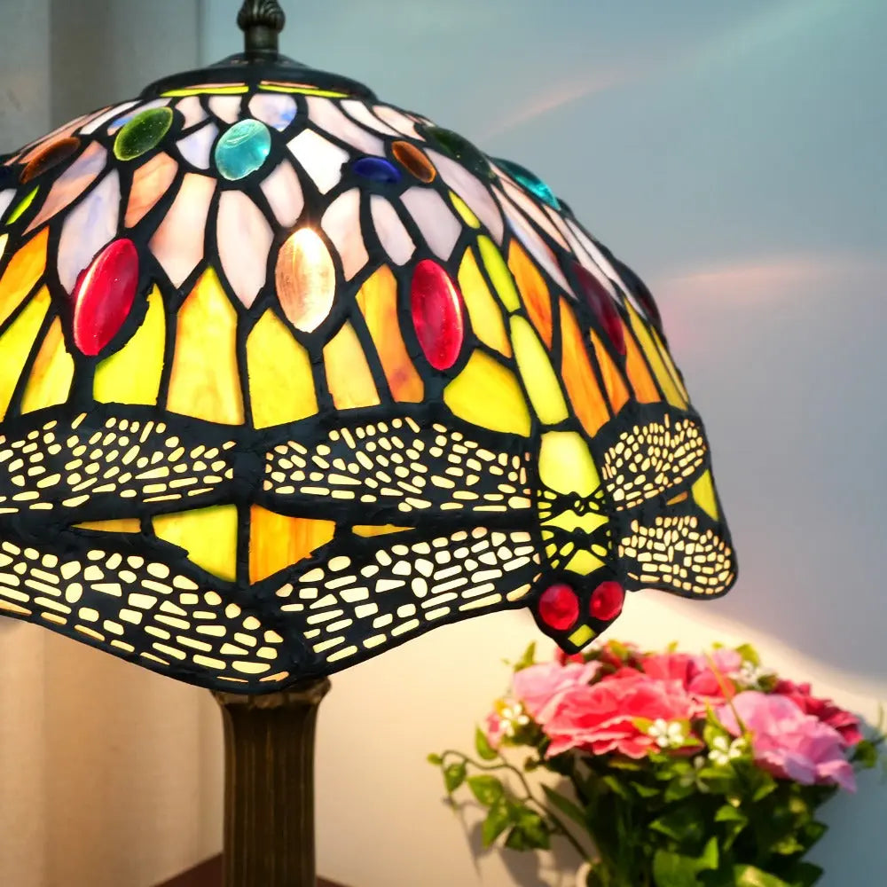 12inch Tiffany Style Dragonfly Table Lamp Stained Glass Lampshade Vintage Desk Lamp - CTL