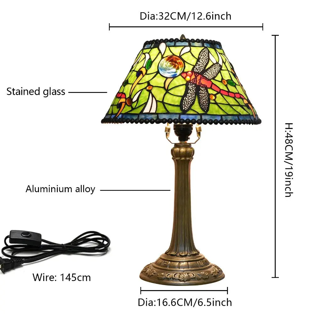 12inch Tiffany Stained Glass Dragonfly Flower Lampshade Vintage Desk Lamp - CTL