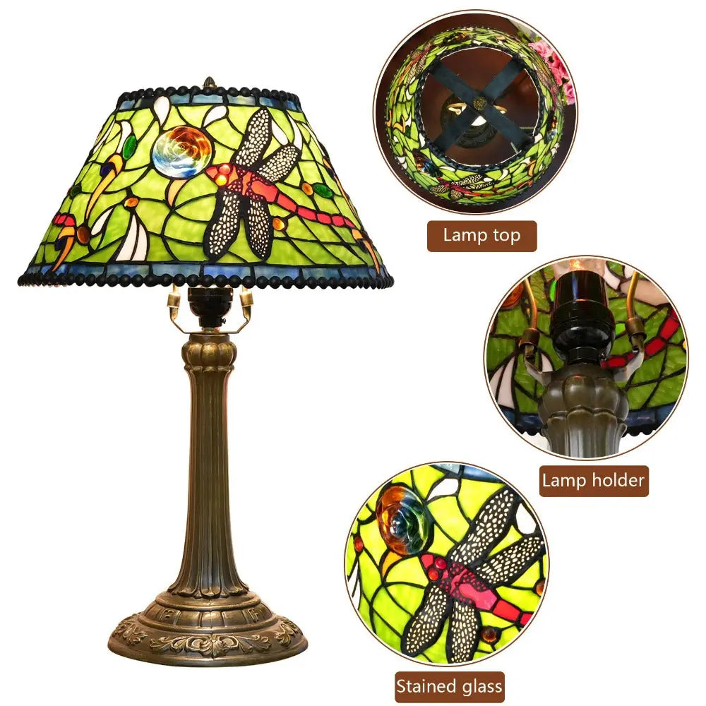 12inch Tiffany Stained Glass Dragonfly Flower Lampshade Vintage Desk Lamp - CTL