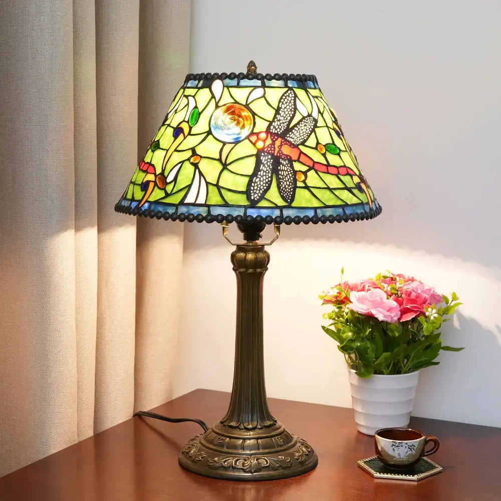 12inch Tiffany Stained Glass Dragonfly Flower Lampshade Vintage Desk Lamp - CTL