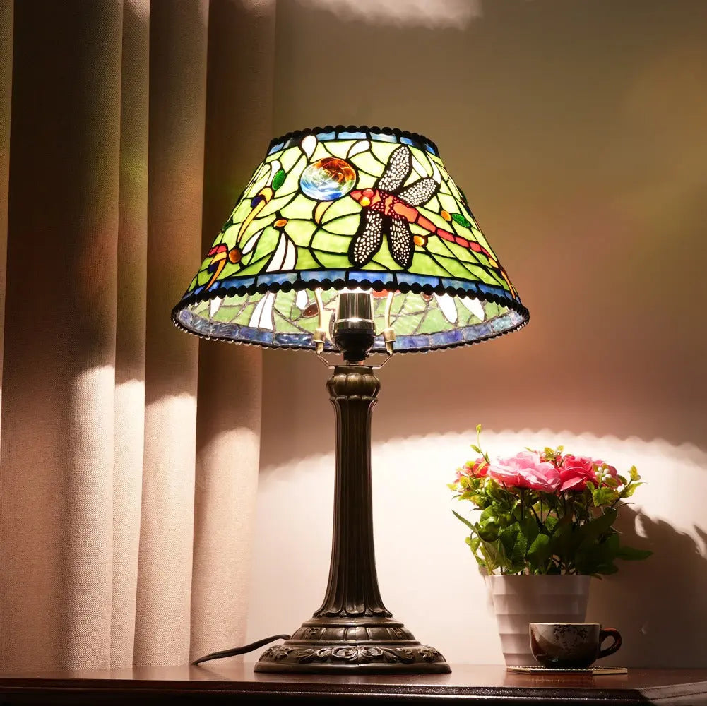 12inch Tiffany Stained Glass Dragonfly Flower Lampshade Vintage Desk Lamp - CTL