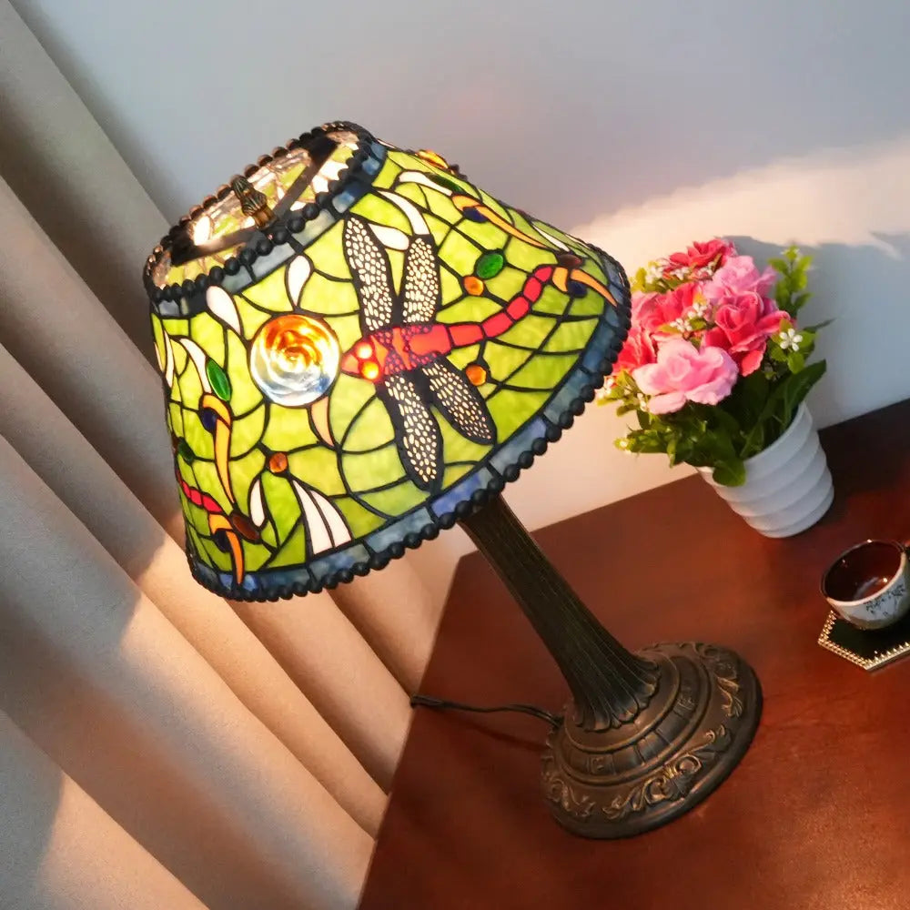 12inch Tiffany Stained Glass Dragonfly Flower Lampshade Vintage Desk Lamp - CTL