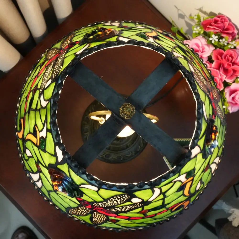 12inch Tiffany Stained Glass Dragonfly Flower Lampshade Vintage Desk Lamp - CTL