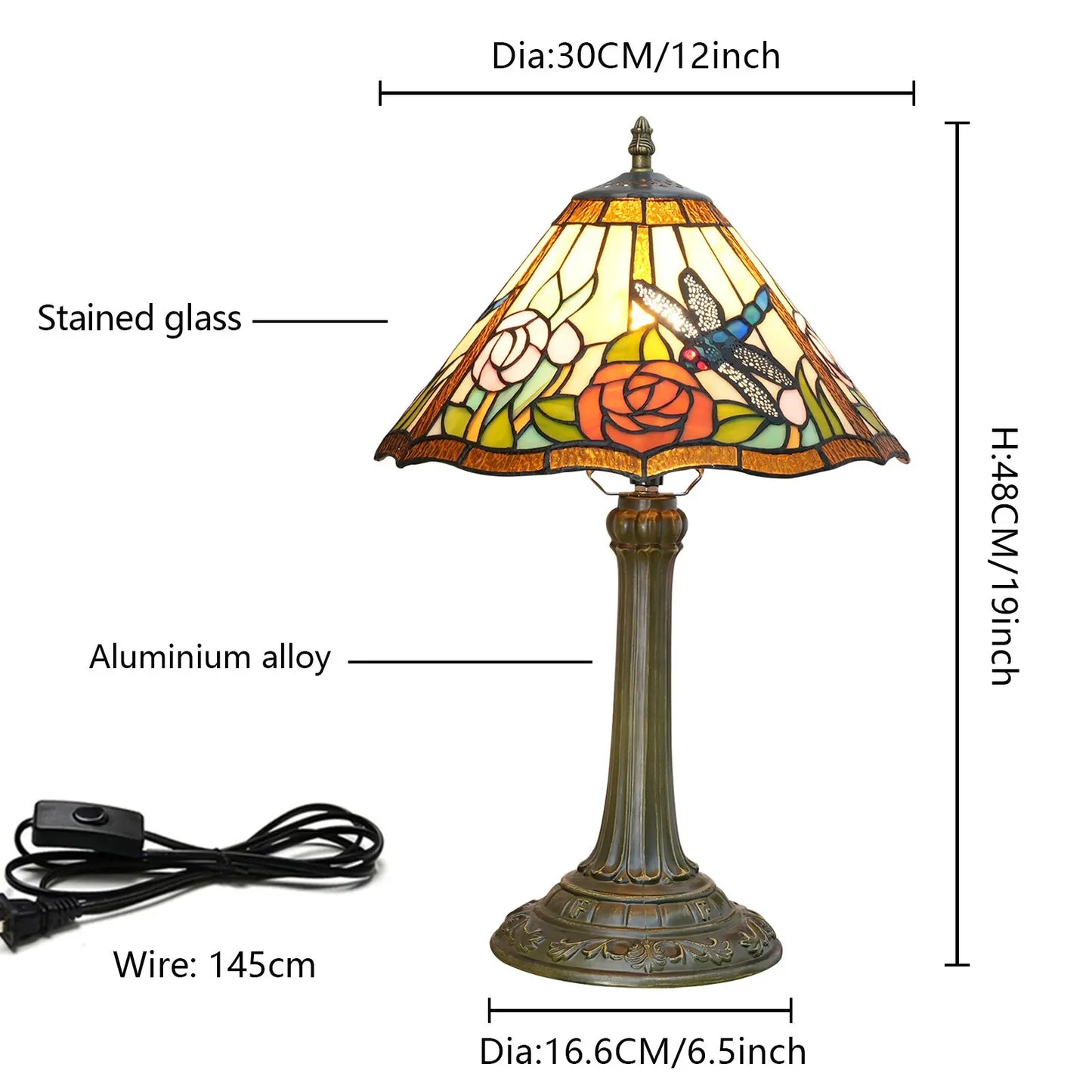 12inch Stained Glass Reading Lamp Dragonfly Lampshade Vintage Tiffany Desk Light - CTL