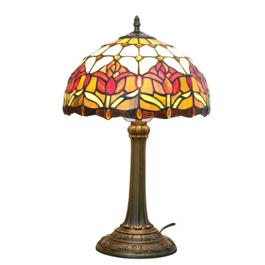 12inch Tiffany Stained Glass Floral Red Tulip Lampshade Vintage Desk Lamp - CTL