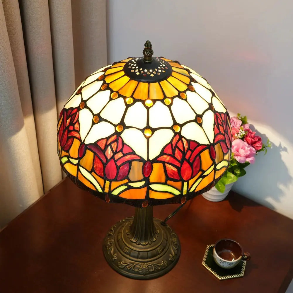 12inch Tiffany Stained Glass Floral Red Tulip Lampshade Vintage Desk Lamp - CTL