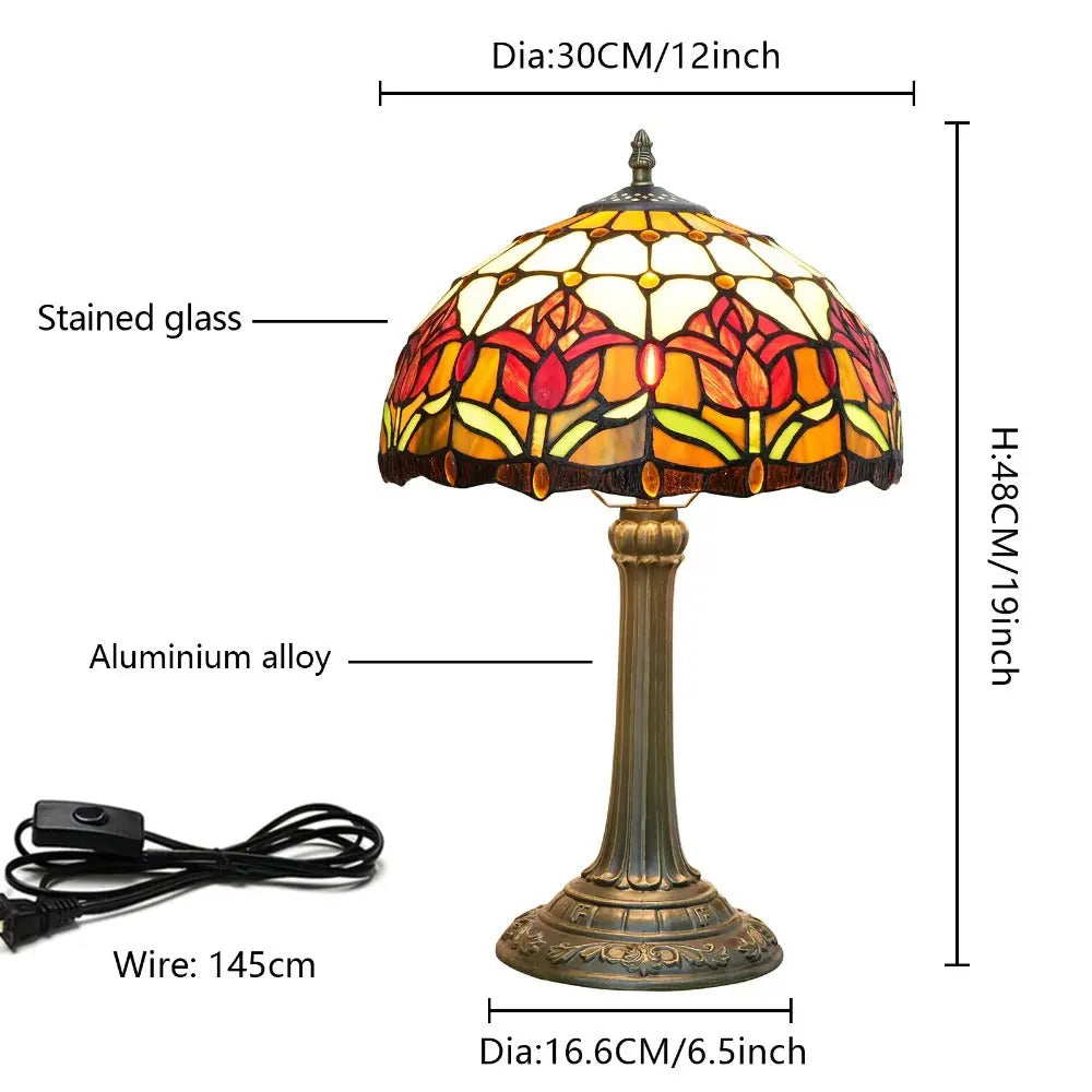 12inch Tiffany Stained Glass Floral Red Tulip Lampshade Vintage Desk Lamp - CTL