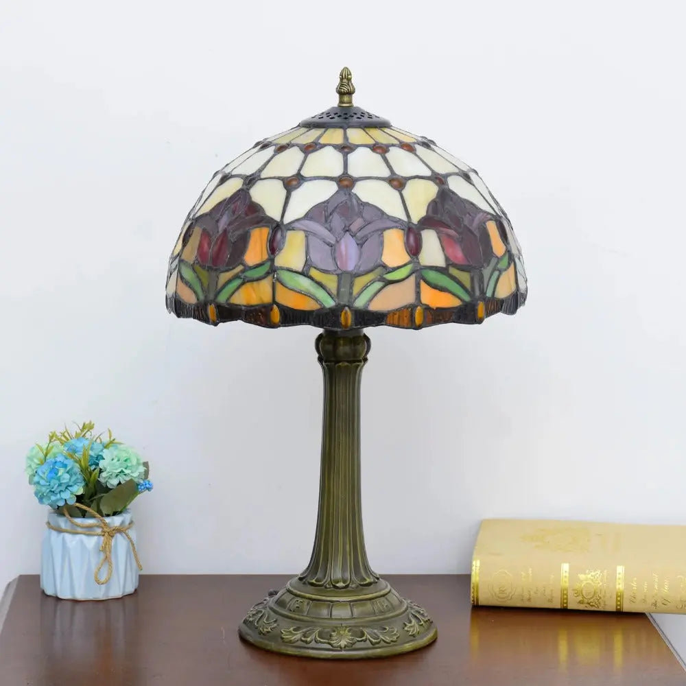 12inch Tiffany Stained Glass Floral Red Tulip Lampshade Vintage Desk Lamp - CTL