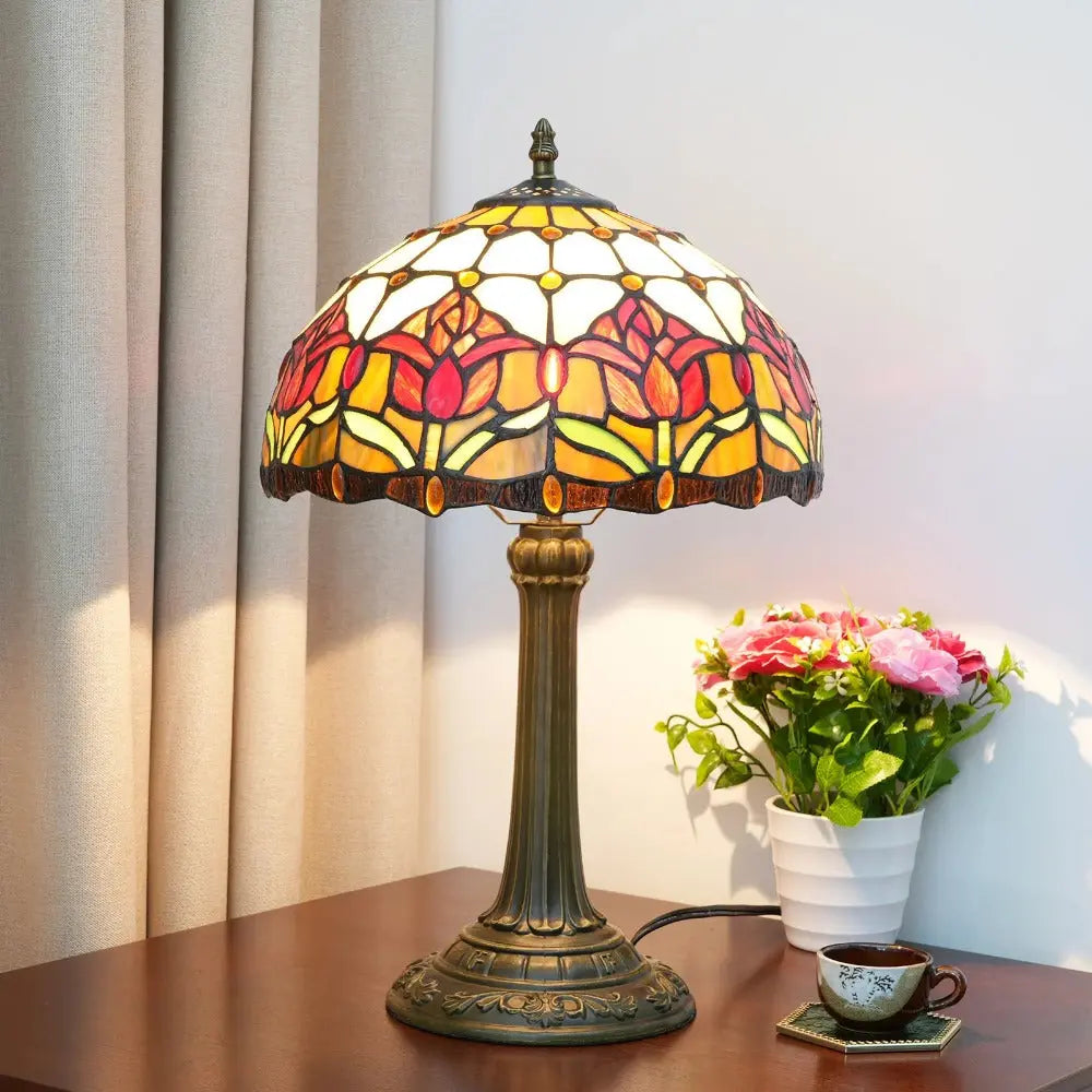 12inch Tiffany Stained Glass Floral Red Tulip Lampshade Vintage Desk Lamp - CTL