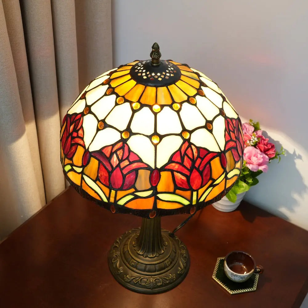 12inch Tiffany Stained Glass Floral Red Tulip Lampshade Vintage Desk Lamp - CTL